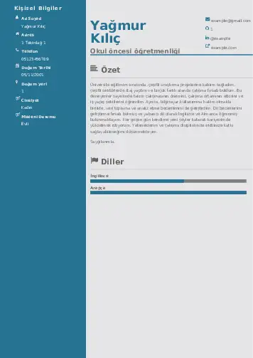 Okul Öncesi Öğretmeni Öğretmenliği Cv Örnekleri cv indir